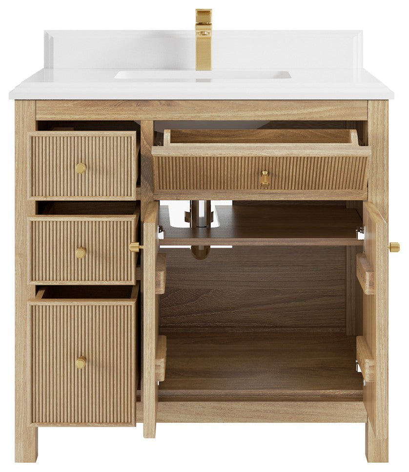 Sonoma 36 Center Sink Bath Vanity in Light Natural Teak with 1.5" White Quartz