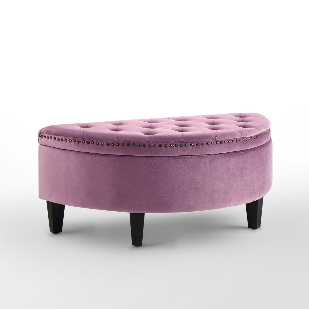 Laura Velvet Gold Nailhead Trim Half Moon Storage Ottoman, Mauve