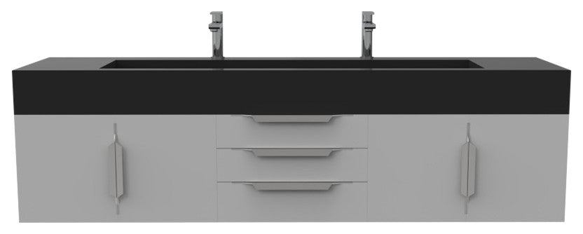 CastelloUSA Nile 72" Wall Mounted Bathroom Vanity Set, Gray, Black Top, Chrome Handles