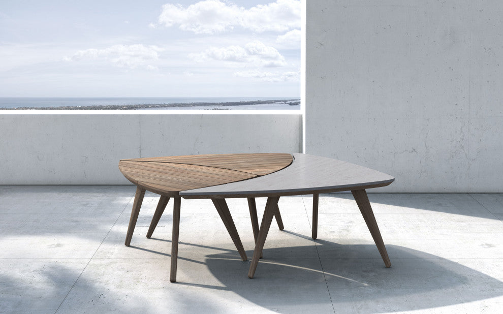 3-Piece Triplica Bunching Table Set, Weathered Eucalyptus and Super Stone