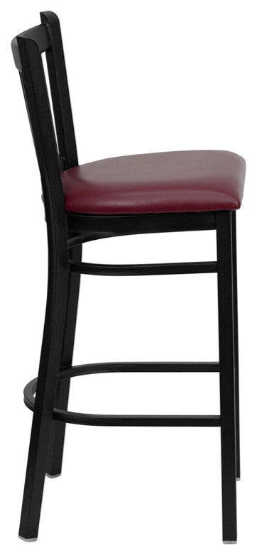 Black Vertical Back Metal Restaurant Barstool, Burgundy Vinyl Seat