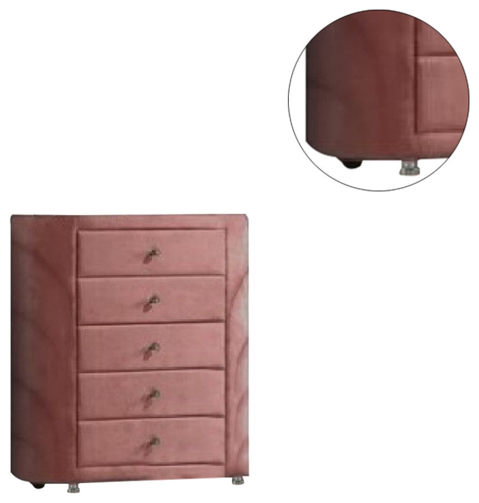 Benzara BM275663 Tall Dresser Chest, 5 Drawers, Round Metal Knobs, Velvet, Pink