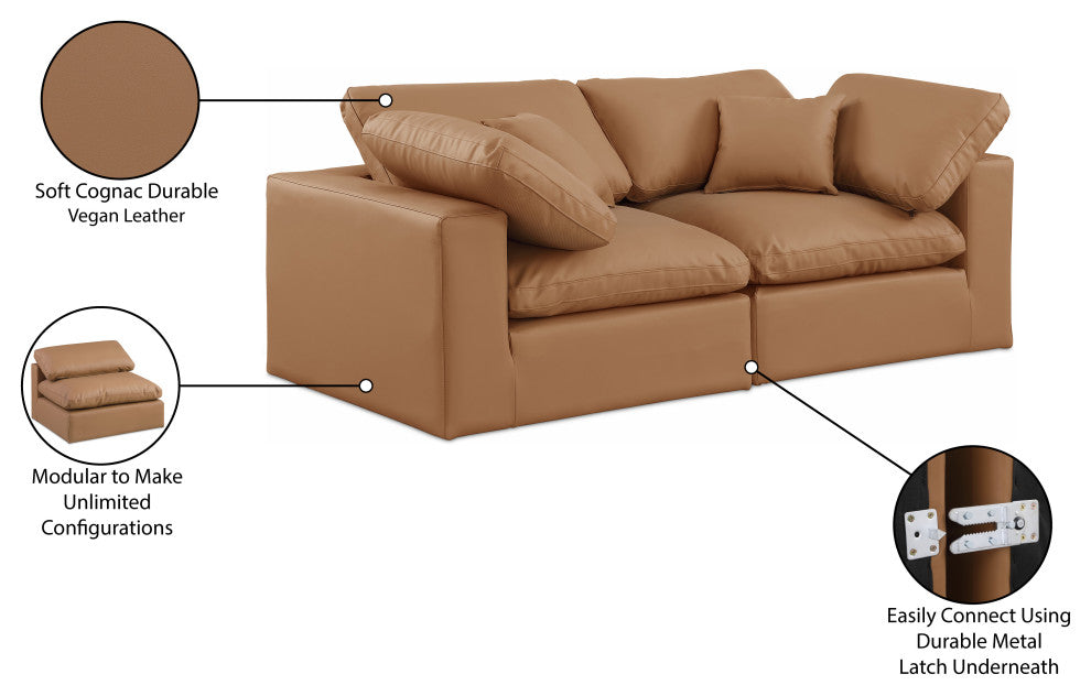 Comfy Upholstered Modular Sofa, Cognac, 2-Piece: 2 Corner Chair, Vegan Leather