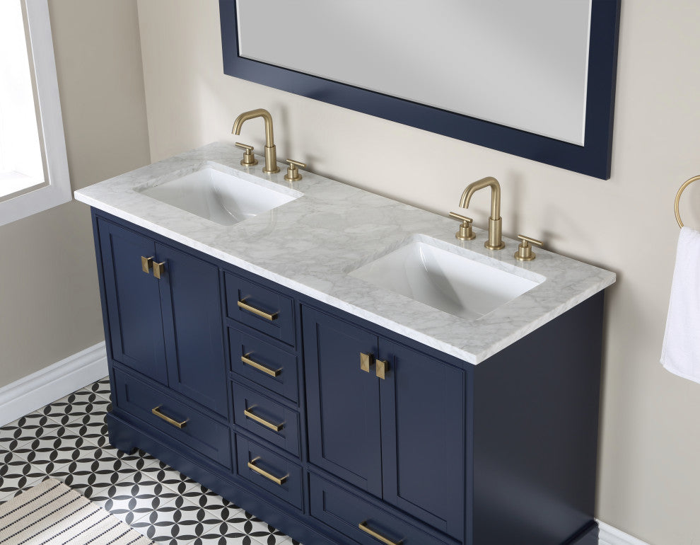60" W Double Freestanding Bath Vanity, Blue With White Marble Top