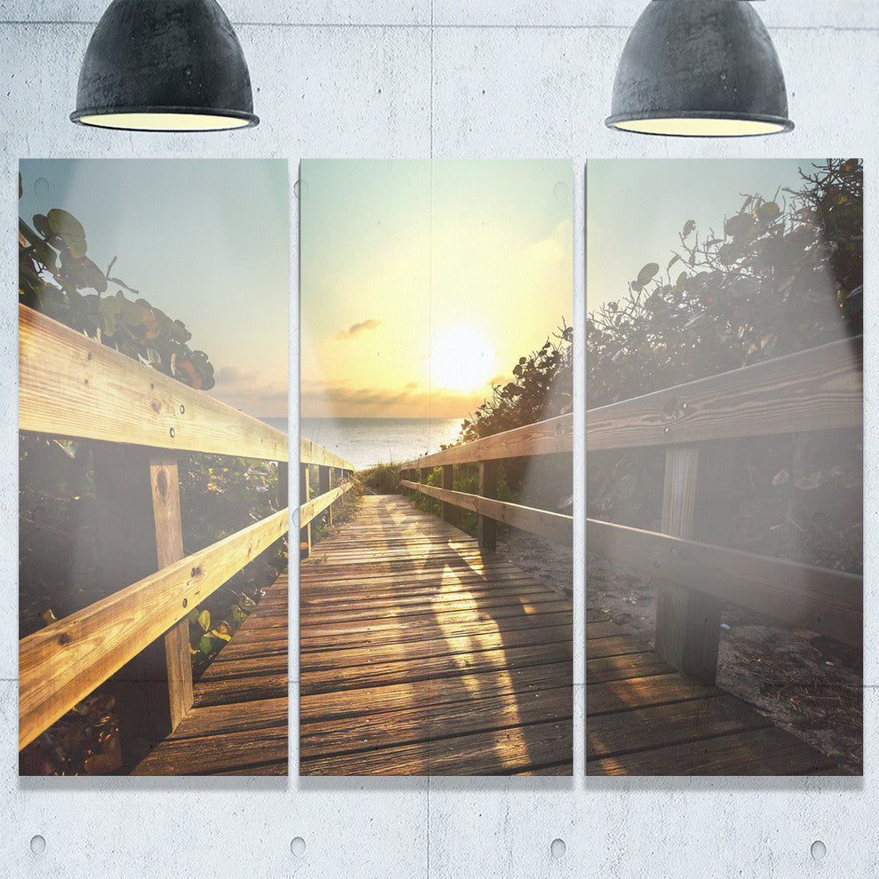 "Wood Boardwalk into the Sunset Sea" Metal Wall Art, 3 Panels, 36"x28"