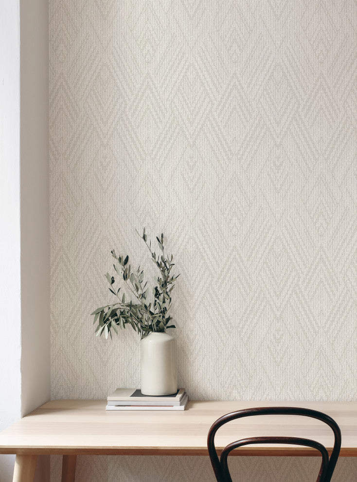 Woven Look Mixed Chevron Peel and Stick Vinyl Wallpaper, Beige, 24"w X 60"h