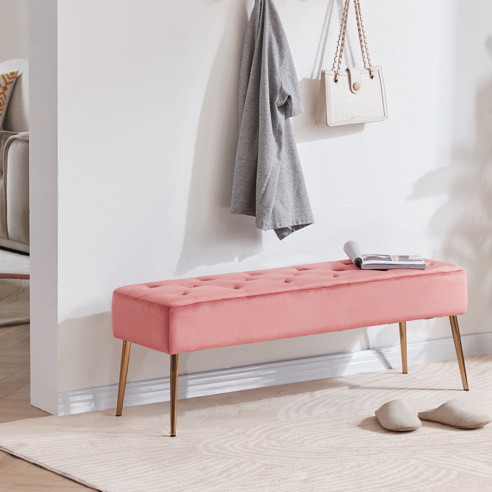 Button Tufts Bedroom Bench, Pink-Velvet