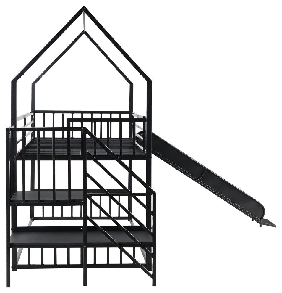 Gewnee Twin Metal Bunk Bed House Bed with Slide and Staircase in Black