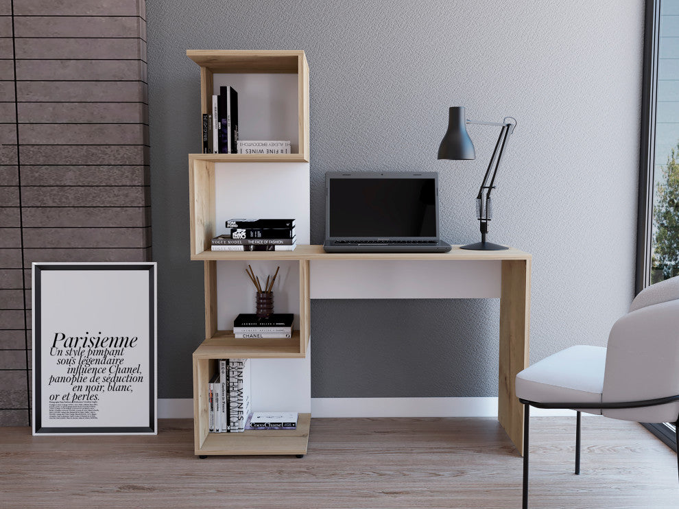 Delhi Desk with Bookcase and 4 Storage Shelves, Light Oak/White