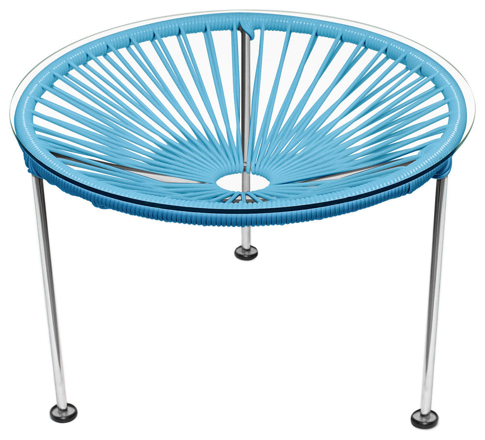 Zicatela Indoor/Outdoor Handmade Side Table, Blue Weave, Chrome Frame