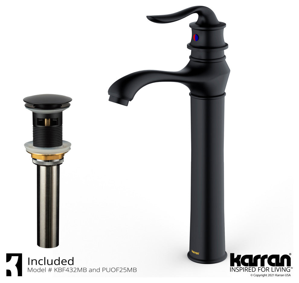 Karran KBF432 1-Hole 1-Handle Vessel Faucet With Pop-up Drain, Matte Black