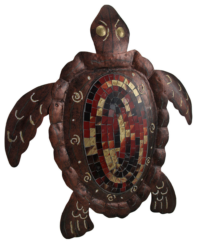 Large Mosaic Shell Brown Sea Turtle Sculpture Metal Wall Hanging 20 Inch