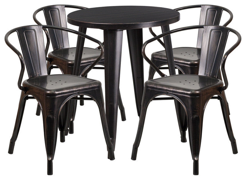 24'' Round Black-Antique Gold Metal Indoor-Outdoor Table Set With 4 Arm Chairs