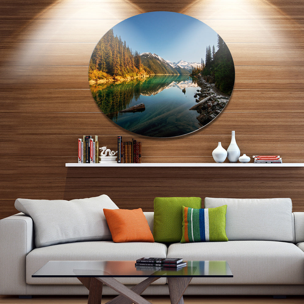 Snowy Path Along Mountain Lake, Landscape Round Metal Wall Art, 23"