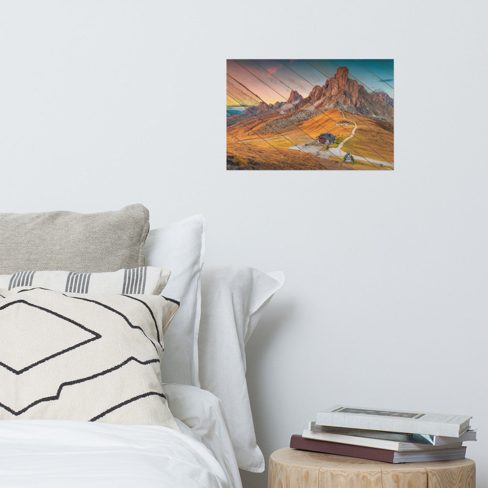 Faux Wood Majestic Sunset & Alpine Mountain Landscape Photo Wall Art Print, 12" X 18"