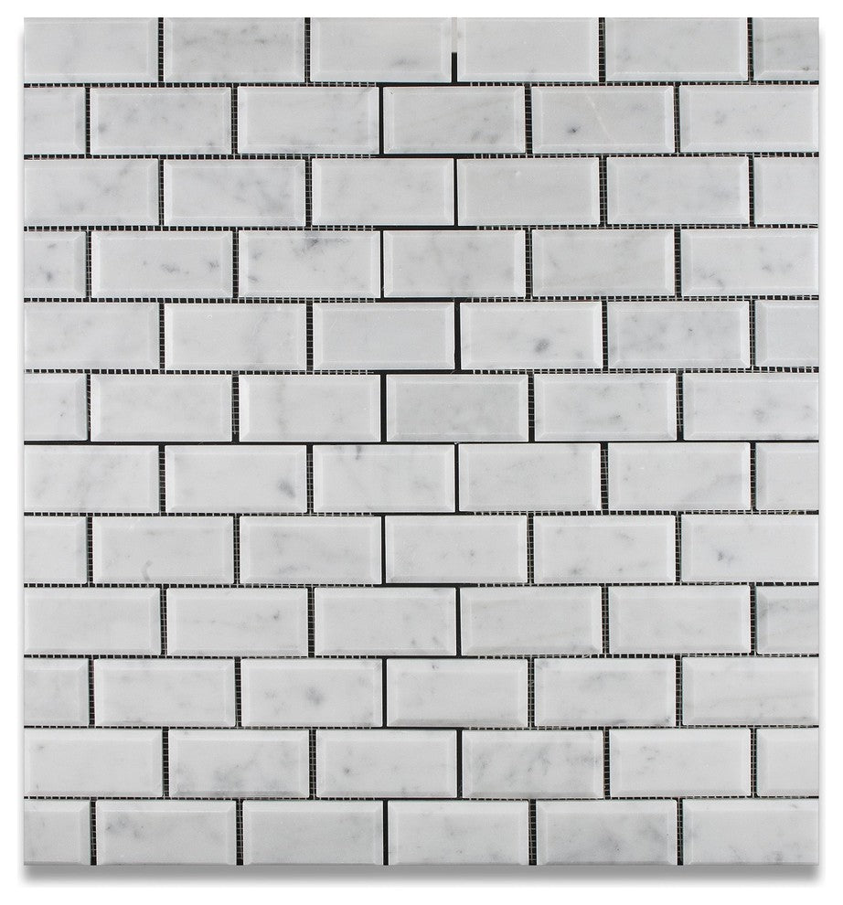 2 X 4 Carrara White Marble Polished & Beveled Brick Mosaic Tile