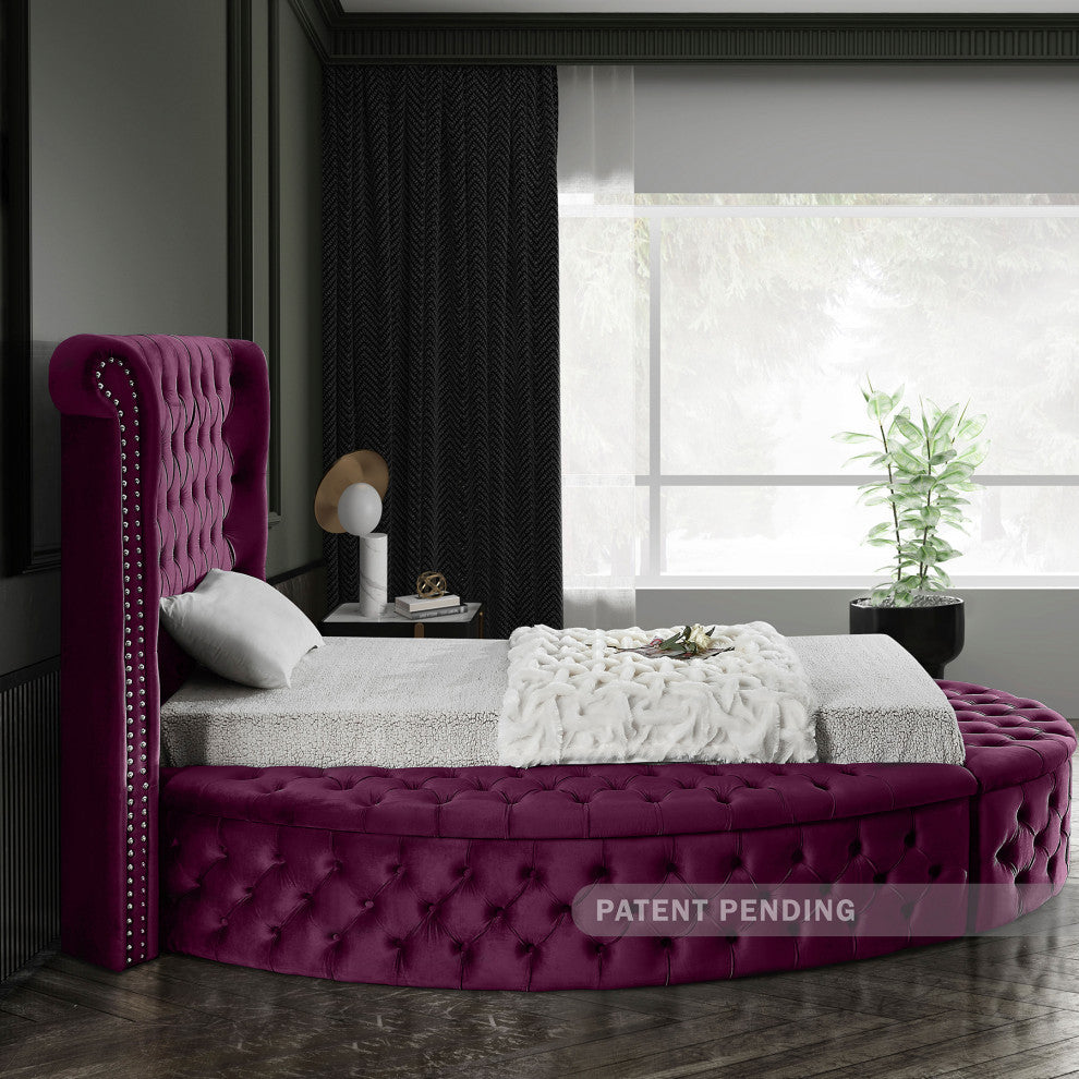 Luxus Button Tufted Velvet Round Bed, Purple, Twin