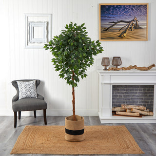 Lifestyle image: product shown in a real room environment with tree and basket.