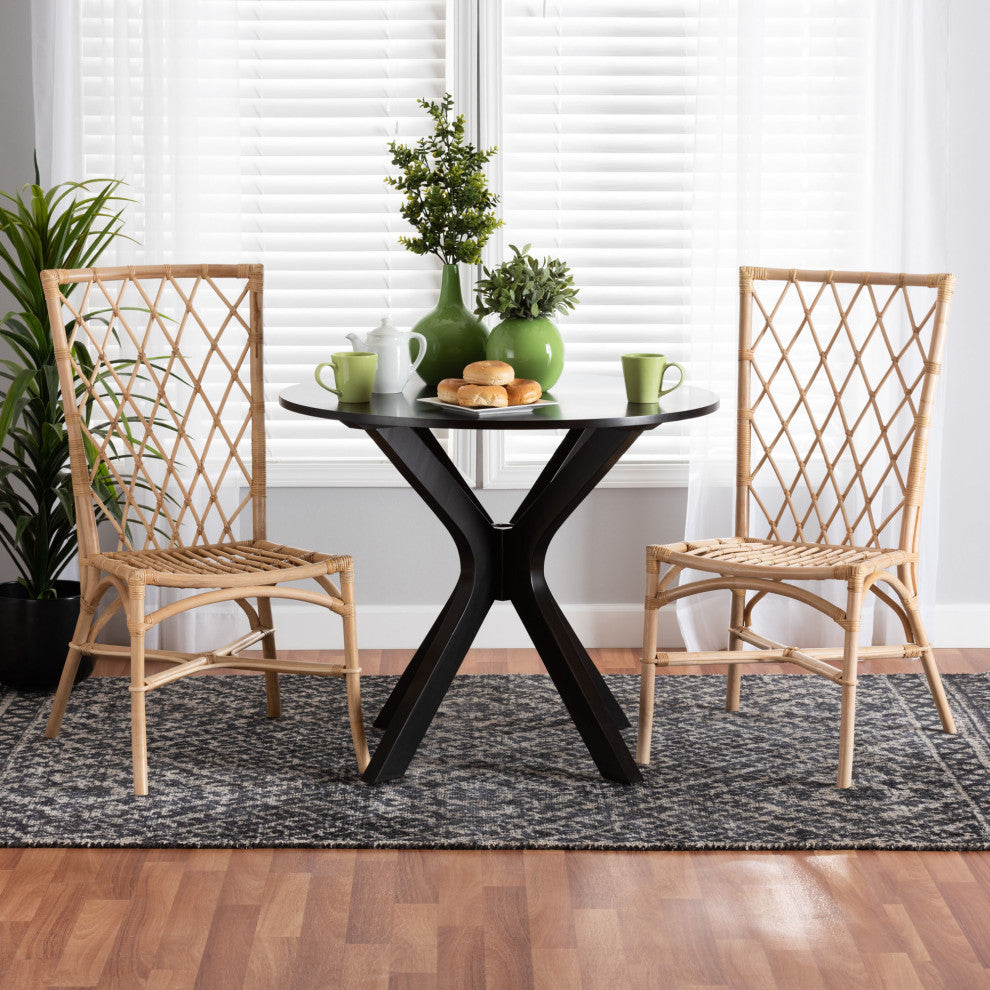 Doria Modern Bohemian Natural Brown Rattan 2-Piece Dining Chair Set