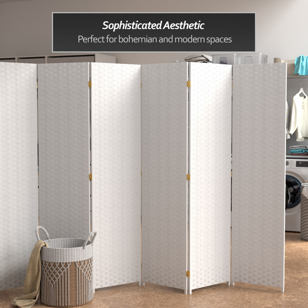 6' Tall Woven Fiber Room Divider, 6 Panel, White