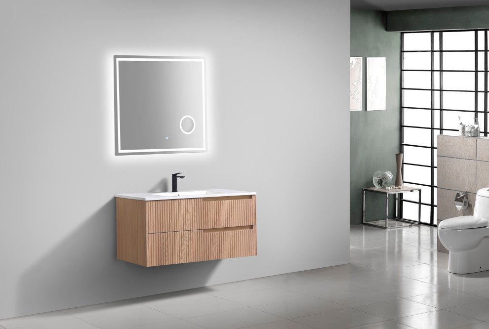 Fiore Wall Mount Modern Bathroom Vanity, Oakwood, 40", Single Sink