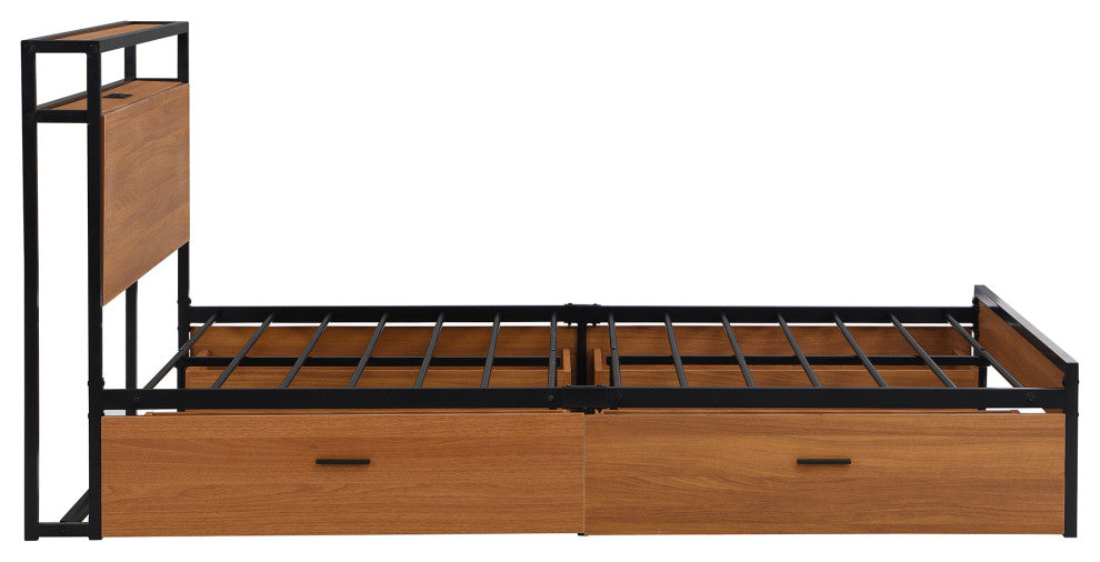 Full/Queen Metal Frame Wood Platform Bed with Four Drawers, Sockets and USB Port