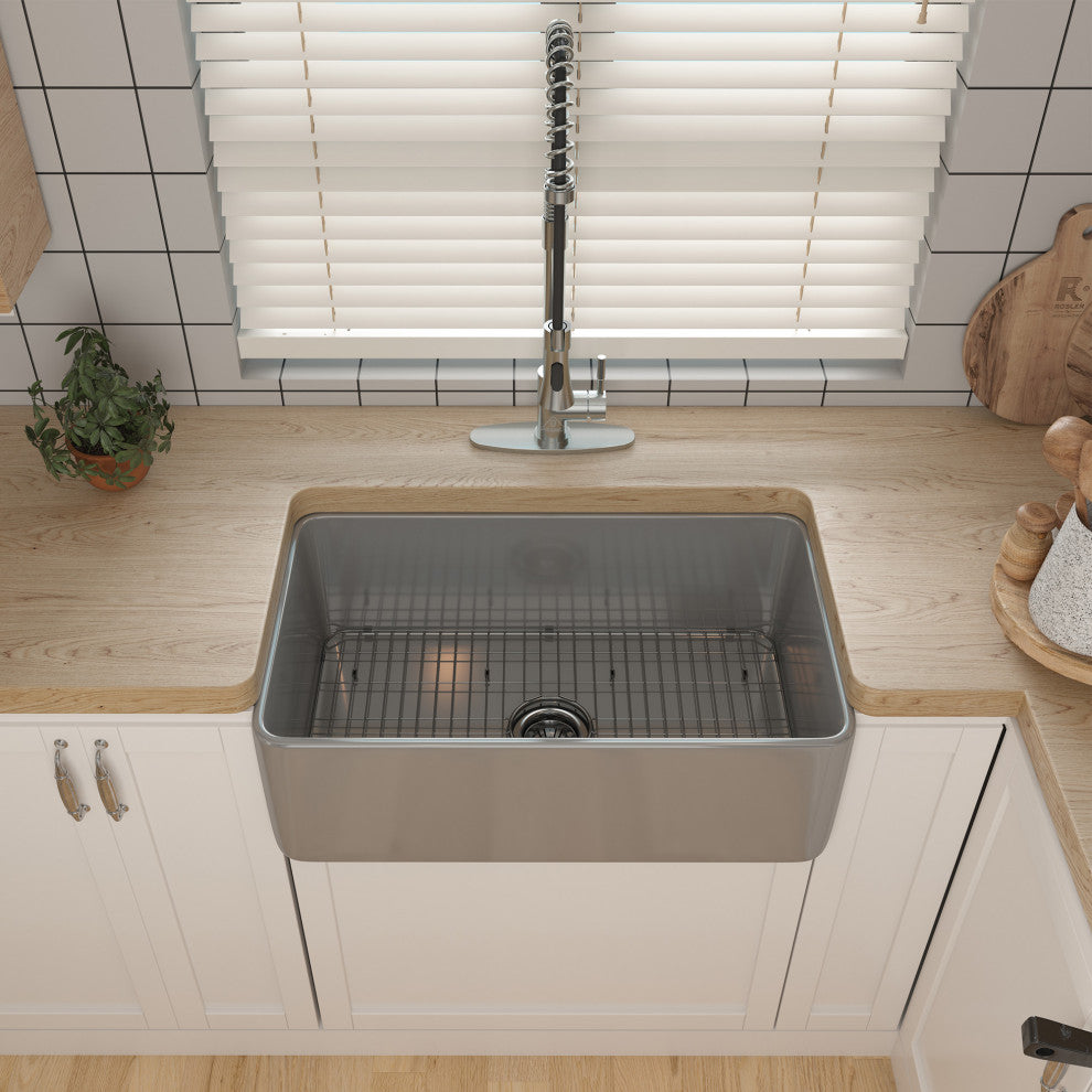 30in Single Bowl Farmhouse Apron Kitchen Sink with Bottom Grid and Strainers, 30