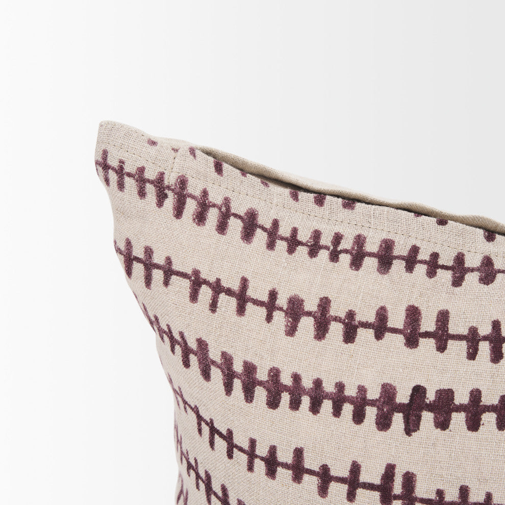 Jenna Beige With Merlot Print Linen Lumbar Decorative Pillow Cover
