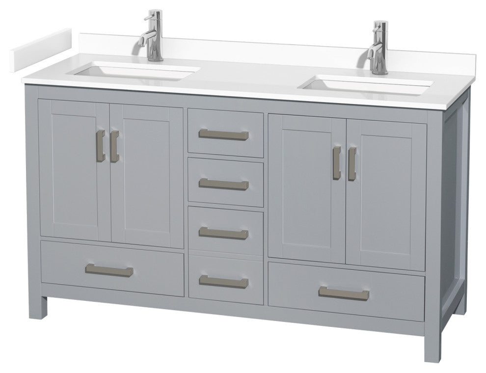 60" Double Bathroom Vanity, Gray, White Cultured Marble Countertop, Sinks