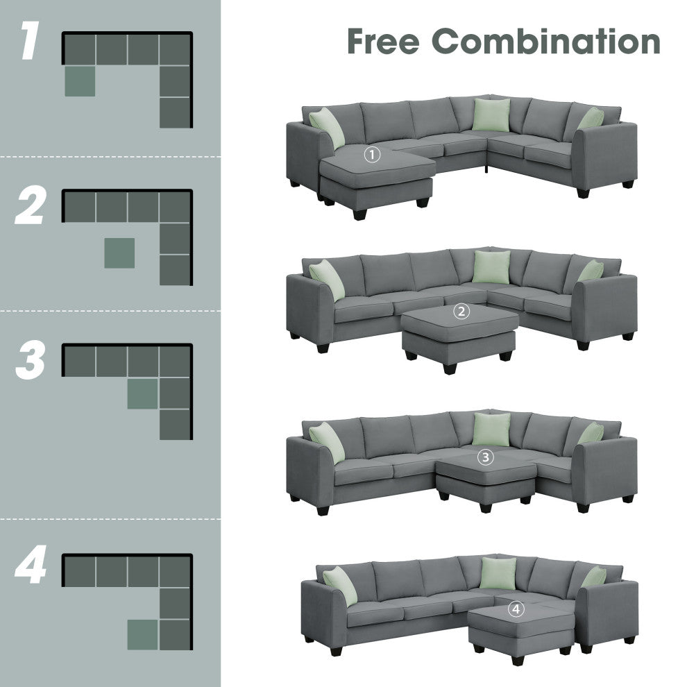7-Seat Fabric Modular Sectional Sofa Couch Set with Ottoman and Pillows, Grey