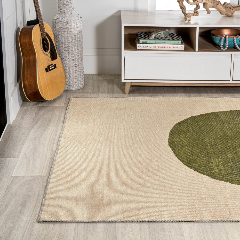 Cirkel Minimalist Geometric Dot Machine-Washable Area Rug, Cream/Olive, 8x10