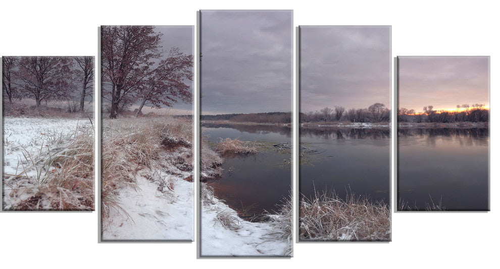 Winter River in Dark Morning, Seashore Wall Art on Canvas, 60"x32", 5 Panels