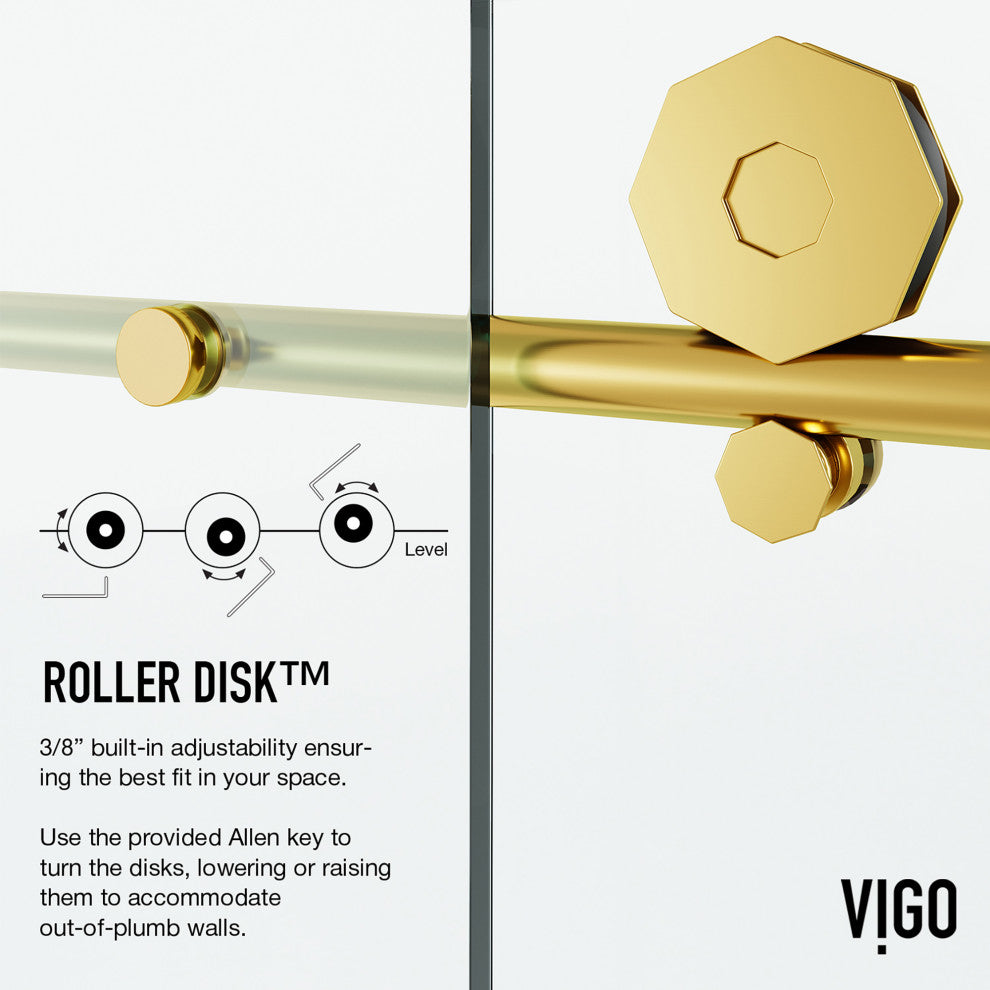 VIGO Elan Hart 56" to 60" W x 76" H Frameless Sliding Shower Door, Matte Brushed Gold, Clear Glass