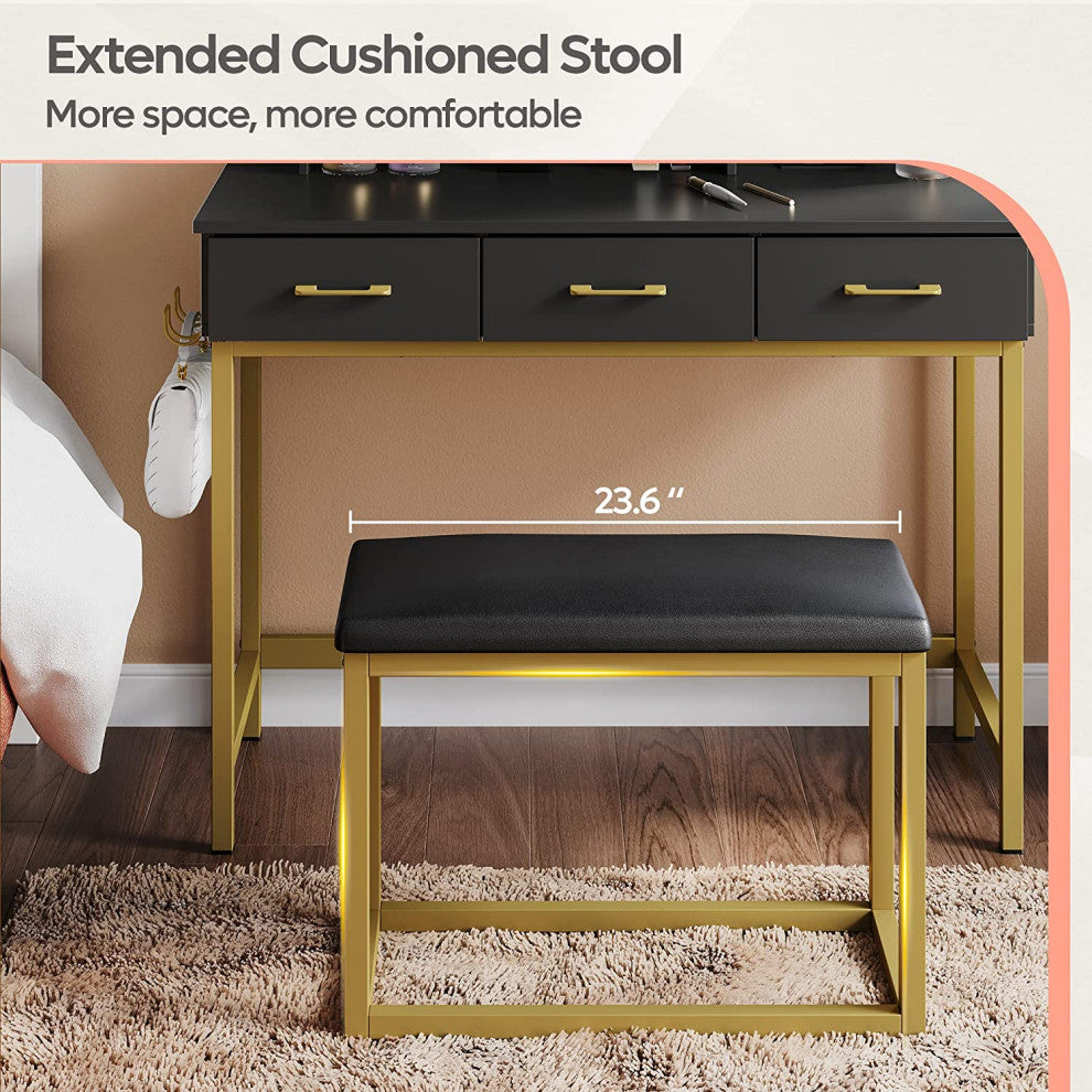 Makeup Vanity with Wider Cushioned Stool and 3 Drawer for Bedroom