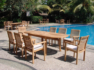 9-Piece Outdoor Teak Dining Set: 94" Oval Extn Table, 8 Hari Stacking Arm Chairs