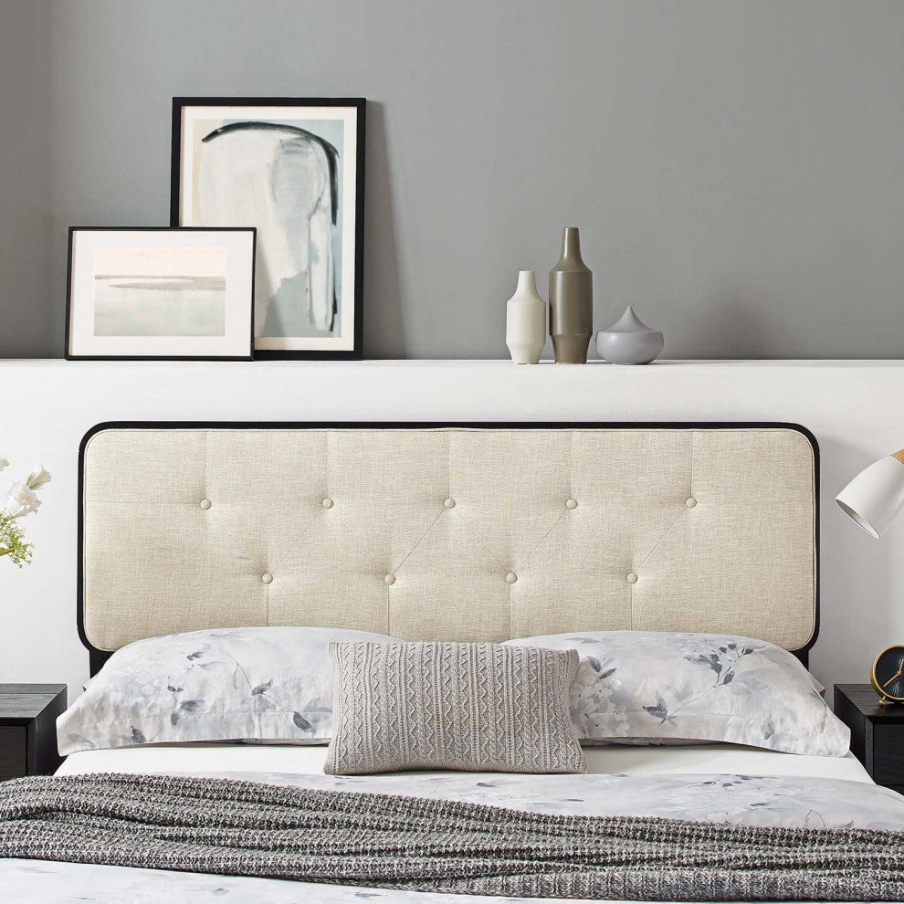 Collins Tufted King Fabric and Wood Headboard Black Beige