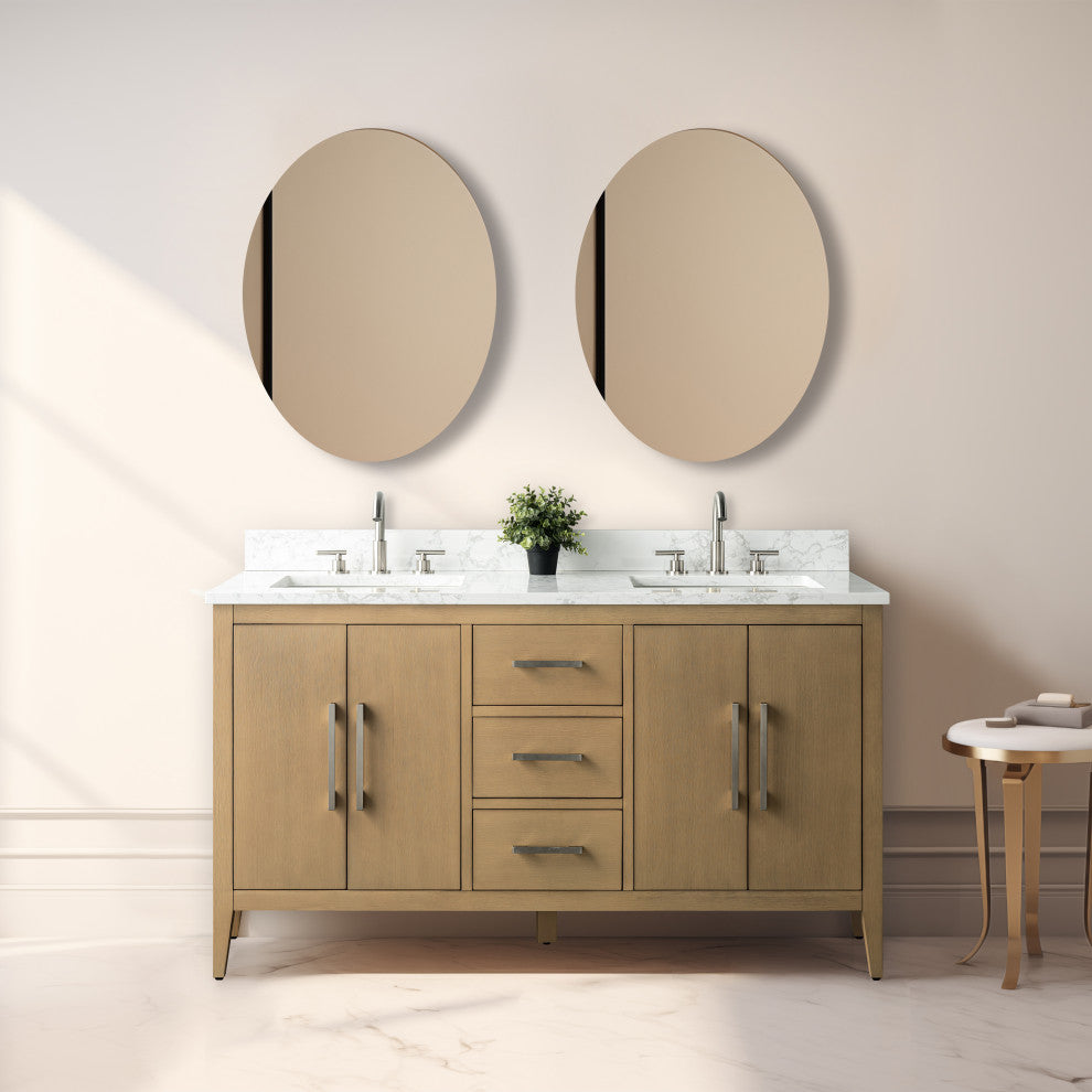 Vanity Art Bathroom Vanity With Sink, Natural Oak, 60", Double Sink, Brushed Nickel