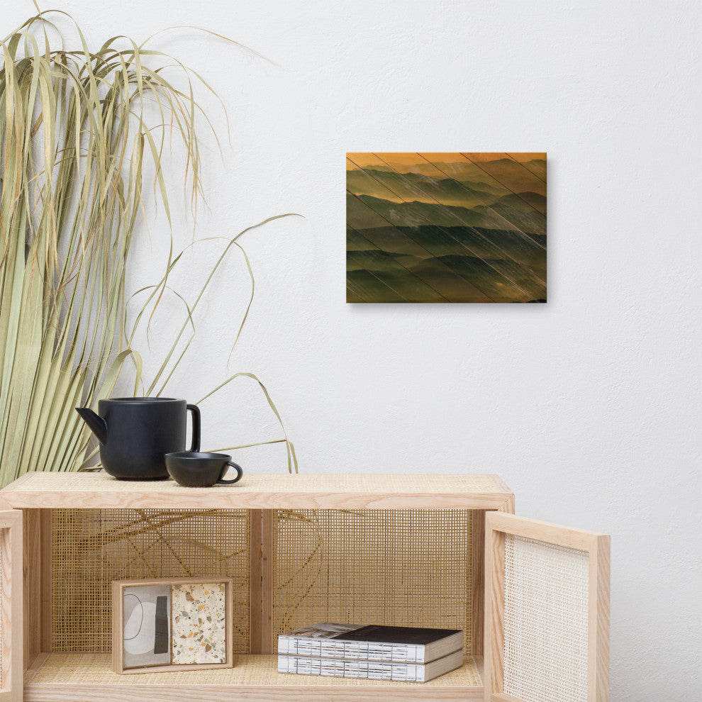 Faux Wood Foggy Mountain Layers at Sunset Landscape Canvas Prints, 12" X 16"