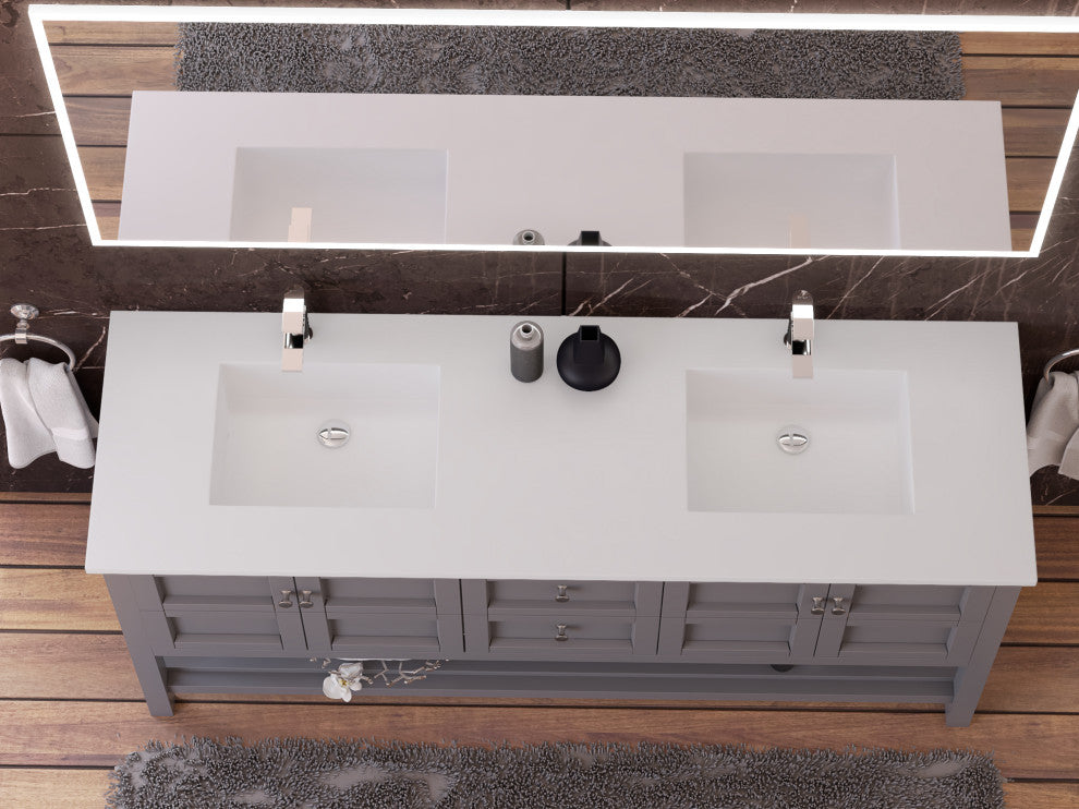 CastelloUSA Alicia 72" Freestanding Vanity Set, Gray, White Top, Chrome Handles