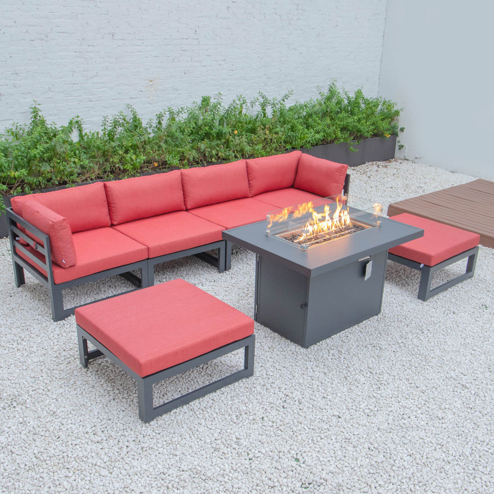 LeisureMod Chelsea 7-Piece Outdoor Sectional With Fire Pit Table, Red