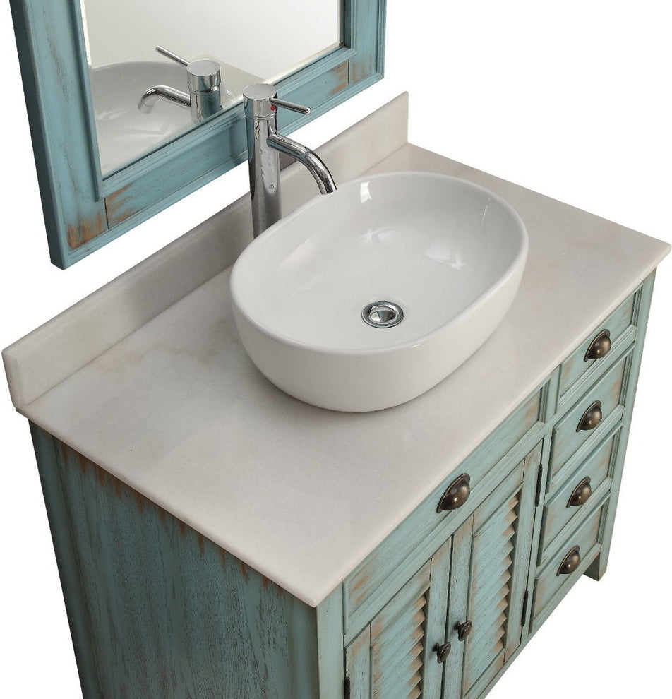 36" Distress Blue Abbeville Vessel Sink Vanity With Matching Mirror