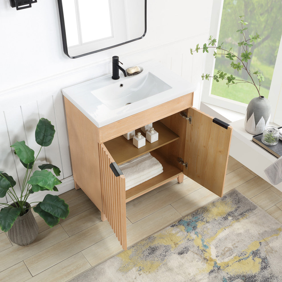 Palos Bathroom Vanity, Fir Wood Brown, 30", Ceramic Top, No Mirror