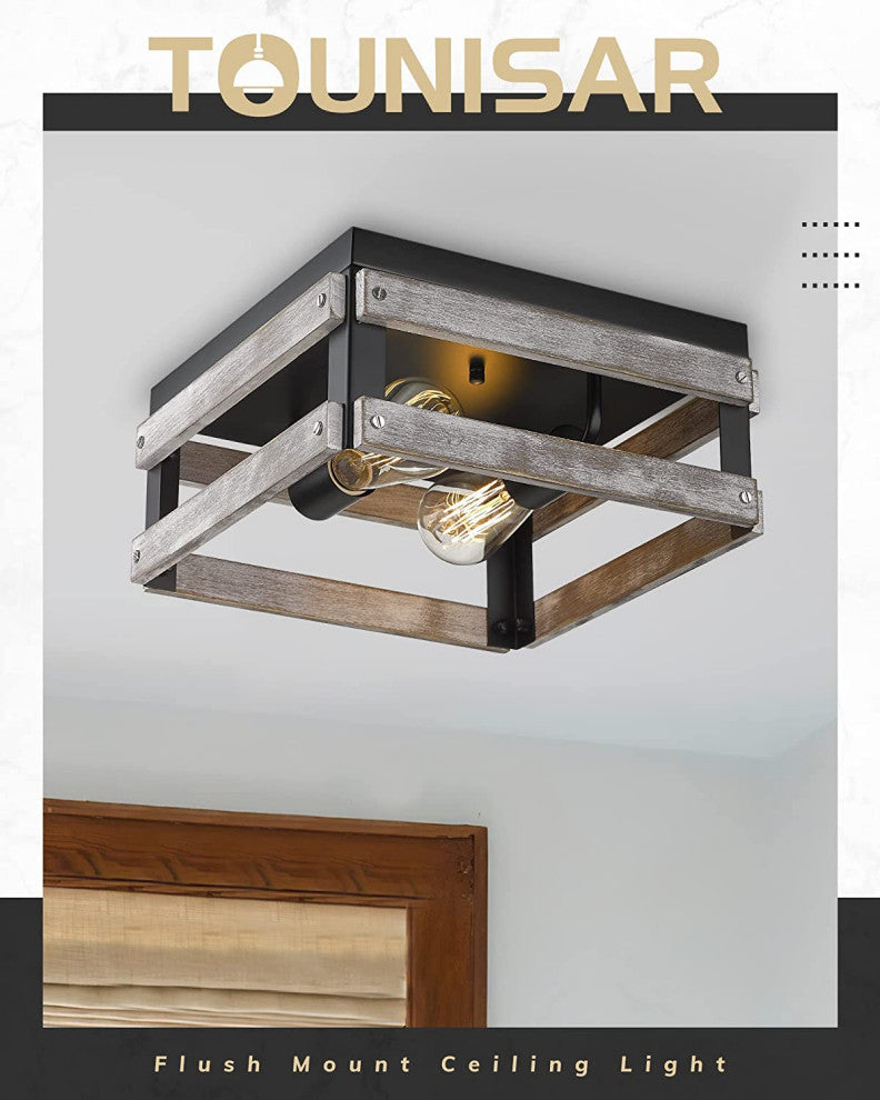 2 Light Farmhouse Close To Ceiling Lamp, Wood