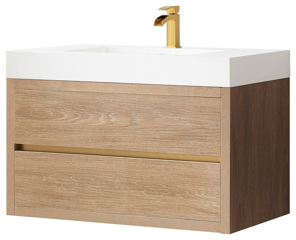 Palencia Floating Bath Vanity With Composite Stone Top, North American Oak, 36", No Mirror