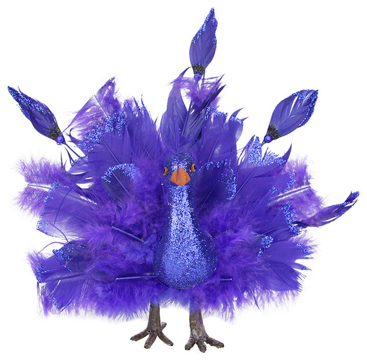 Colorful Regal Peacock Bird Decoration, Purple and Blue, 7"