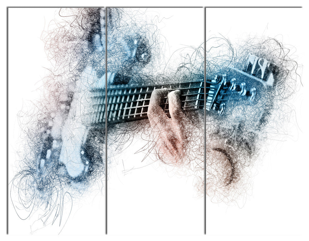 Man Playing A Guitar Watercolor, Contemporary Canvas Art Print, 36x28, 3 Panels