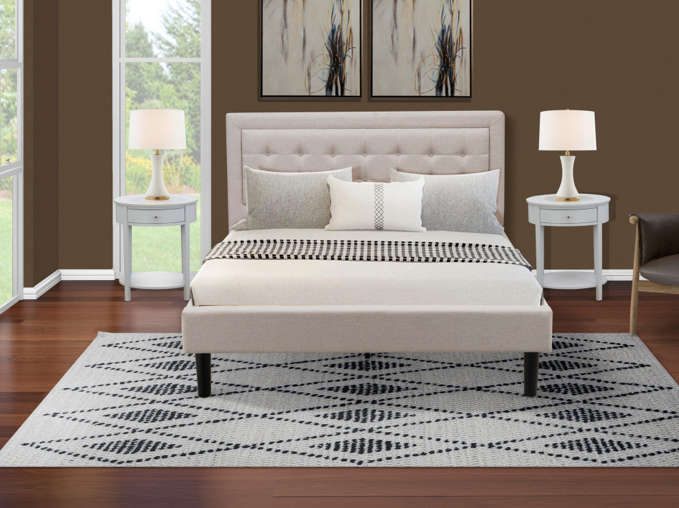 Platform Queen Size Bed Mist Beige Upholestered Bed Headboard,Black Legs