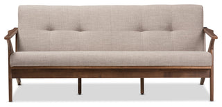 Bianca Mid-Century Walnut Wood Light Gray Fabric Tufted 3-Seater Sofa