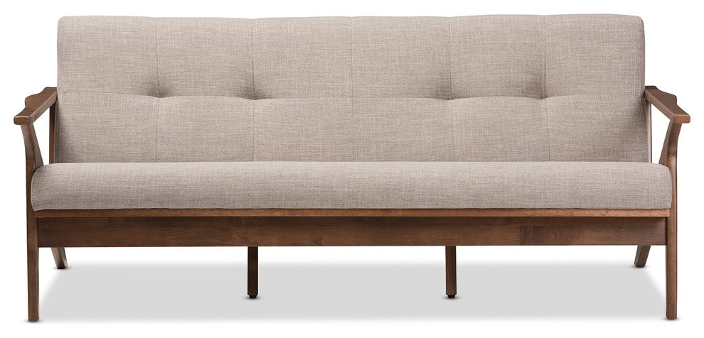 Bianca Mid-Century Walnut Wood Light Gray Fabric Tufted 3-Seater Sofa