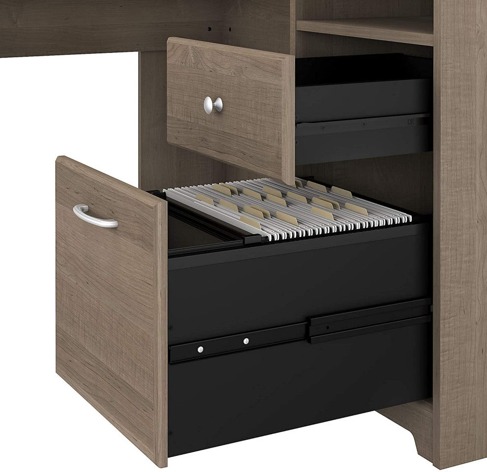 L-Shaped Desk, Rectangular Top With Hutch and Fluted Glass Doors, Ash Grey